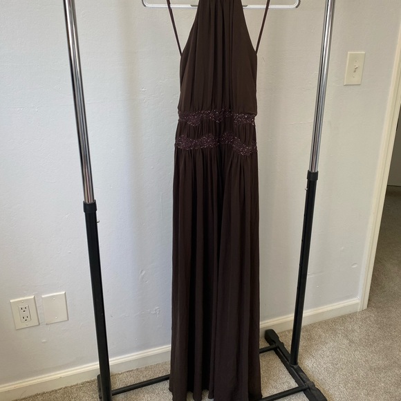 BCBG MAXAZRIA BROWN HALTER BEADED MAXI DRESS GOWN - Picture 2 of 5
